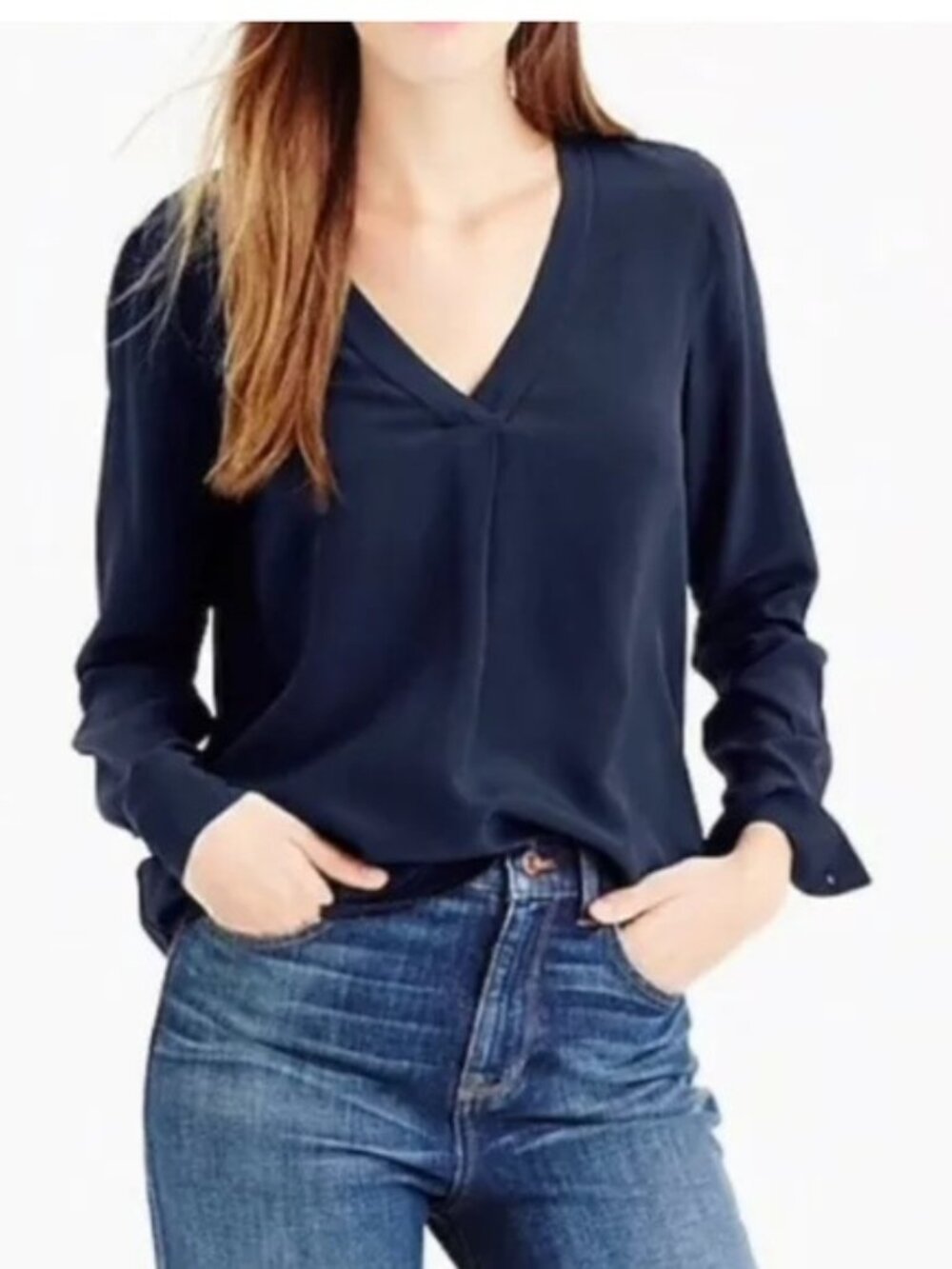 J. Crew 100% Silk Navy V-Neck Long Sleeve Blouse